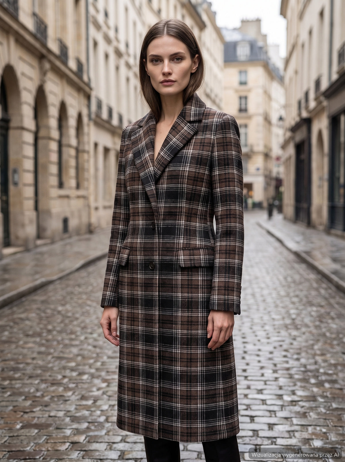 Brown check wool 450 g/lm — coat made from the fabric (AI visualisation)