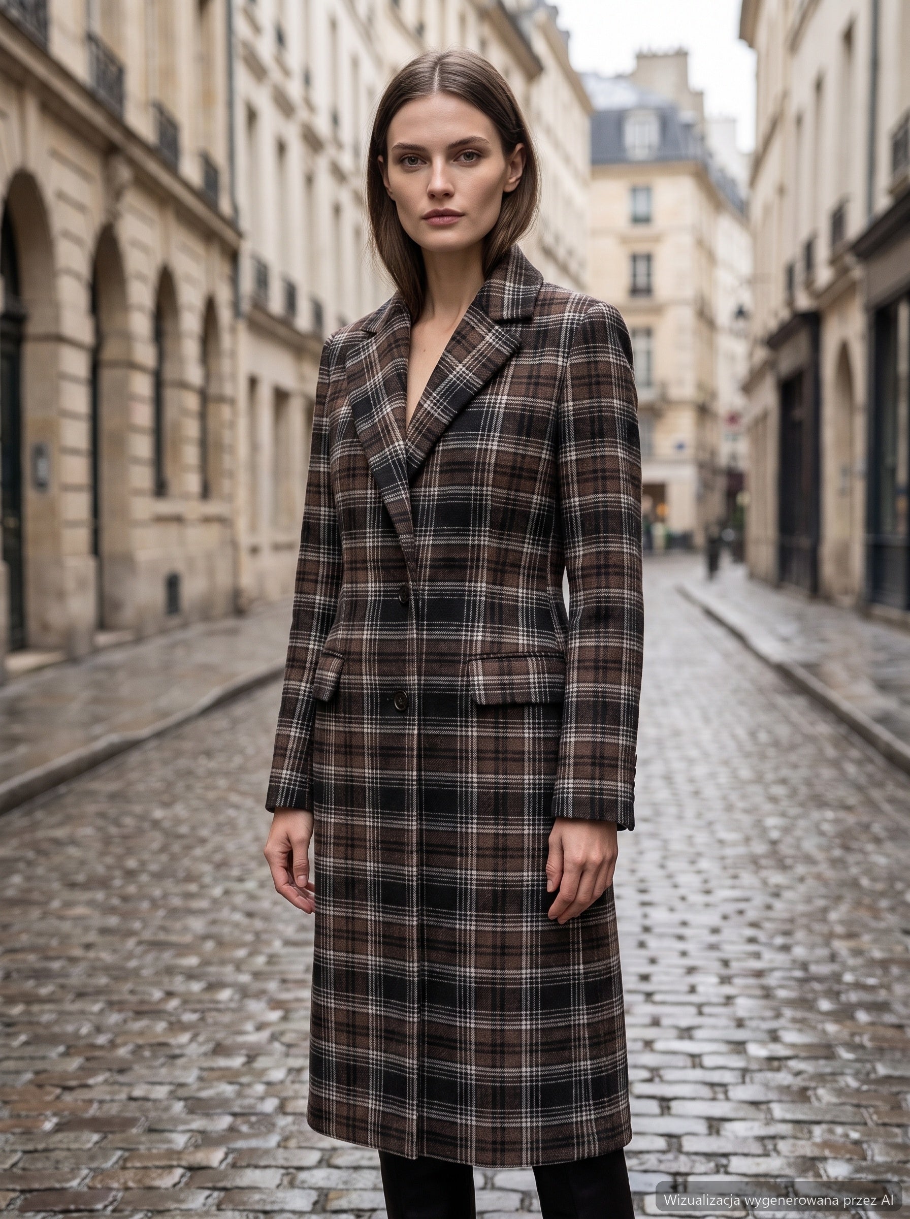 Brown check wool 450 g/lm — coat made from the fabric (AI visualisation)