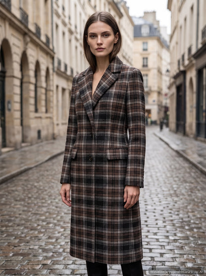 Brown check wool 450 g/lm — coat made from the fabric (AI visualisation)